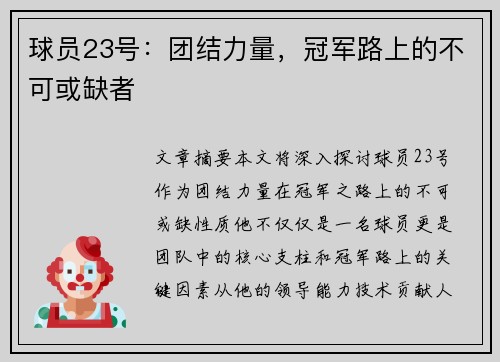 球员23号：团结力量，冠军路上的不可或缺者