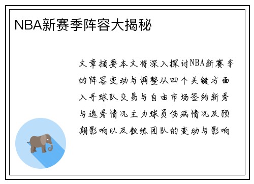 NBA新赛季阵容大揭秘
